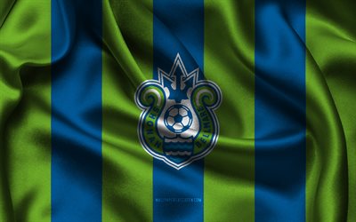 4k, shonan bellmare logotyp, blågrönt sidentyg, japanskt fotbollslag, shonan bellmare emblem, j1 ligan, shonan bellmare, japan, fotboll, shonan bellmare flagga