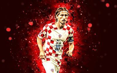 4k, Luka Modric, Qatar 2022, red neon lights, Croatia National Team, soccer, footballers, red abstract background, Croatian football team, Luka Modric 4K