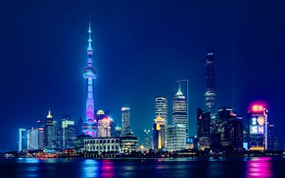 shangai, 4k, tour de la perle orientale, paysages nocturnes, tour de shanghai, paysages urbains d'horizon, villes chinoises, chine, asie, panorama de shanghai, paysage urbain de shanghai