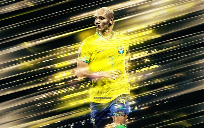 richarlison, brasilian jalkapallomaajoukkue, brasilialainen jalkapalloilija, luovaa taidetta, terät linjat art, brasilia, keltainen tausta, jalkapallo, richarlison de andrade