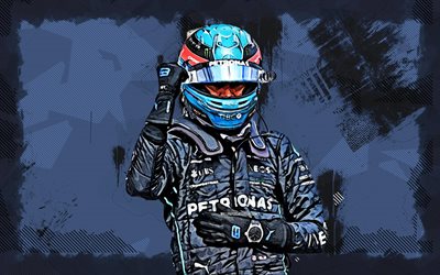 4k, George Russell, grunge art, Mercedes-AMG Petronas F1 Team, creative, Formula 1, Great Britain, british racing drivers, Formula One, F1, gray grunge background, fan art, George Russell 4K