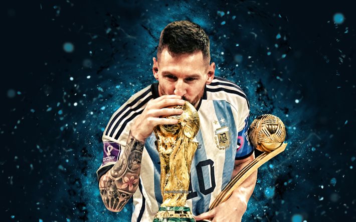 Lionel Messi with cup, 4k, Qatar 2022, Argentina National Football Team, blue neon lights, Lionel Messi, soccer, footballers, red abstract background, Leo Messi, Argentinean football team, Lionel Messi 4K