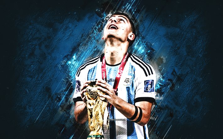 paulo dybala, arjantin milli futbol takımı, dünya kupası ile dybala, arjantinli futbolcu, mavi taş arka plan, paulo bruno dybala, arjantin, futbol