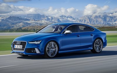 el movimiento de 2016, Audi RS7 Sportback, la velocidad, el azul Audi, carretera