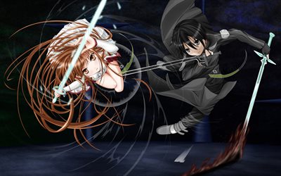 asuna yuuki, svärd, slåss, kirito, karaktärer, sword art online