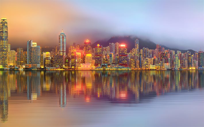 香港, 夜, 高層ビル群, 湾, 中国