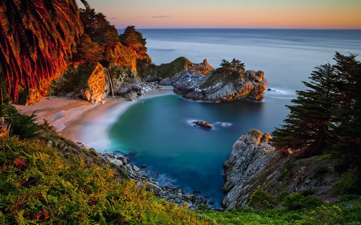 julia pfeiffer burns state park, lugares românticos, baía, praia, oceano, cachoeira, califórnia, eua