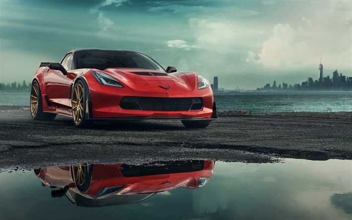 chevrolet corvette c7, sportbilar, 2017 års bilar, röd corvette, trimning, chevrolet