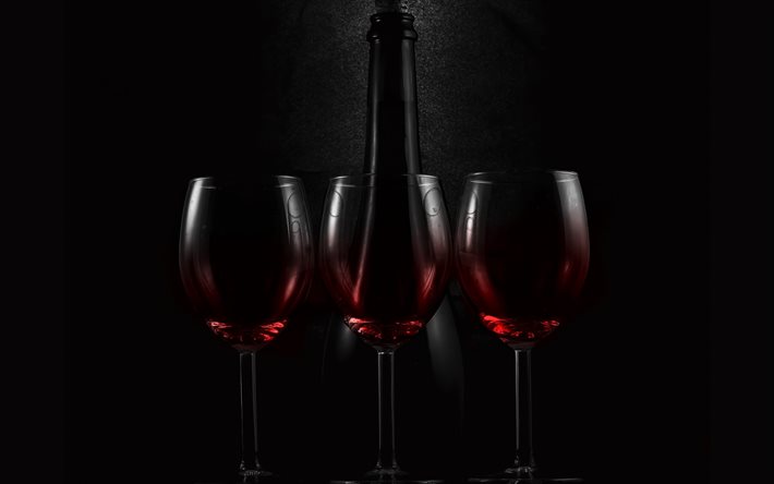 ワイン, メガネ, 暗闇, 赤ワイン