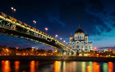 moskva, natt, bro, kristus frälsarens katedral, ryssland