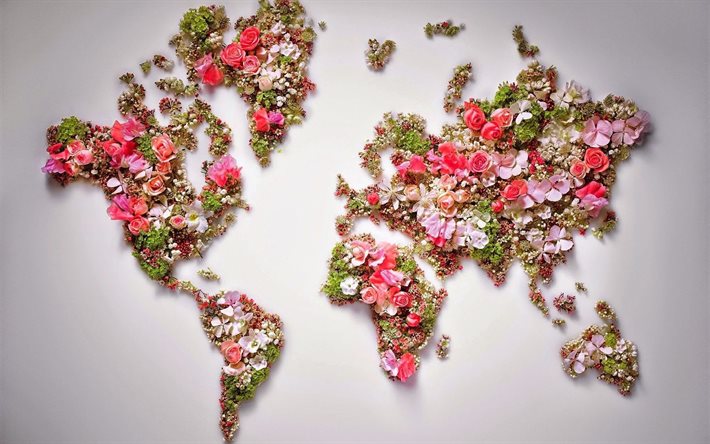 mapa do mundo de flores, mapa do mundo, mapa do mundo criativo, continentes