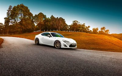 road, coupe, 2015, Toyota GT86, sportcars, white Toyota, tuning