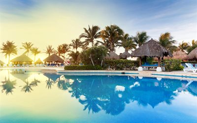 resort, tropicale, piscina, mattina, sunrise, isola, hotel, vacanza