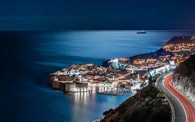 Dubrovnik, noche, mar, carretera, luces, Dalmacia, Croacia