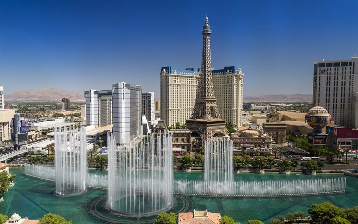 Las Vegas, Nevada, Las Vegas Strip, la Torre Eiffel, fuentes, casino, estados UNIDOS