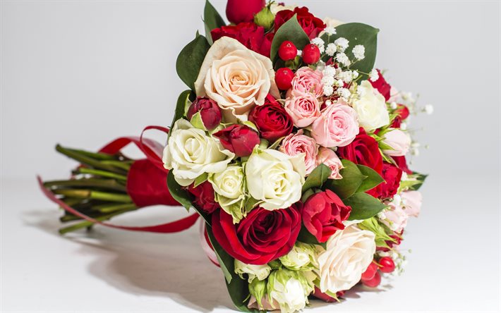 wedding bouquet, bridal bouquet, roses, red roses, white roses, bouquet of roses