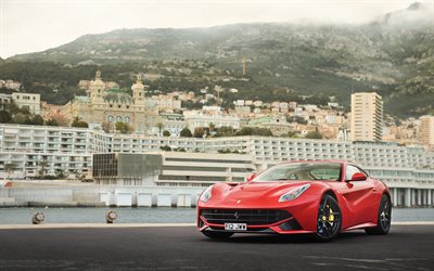 Ferrari F12, berlinetta, rouge Ferrari, red berlinetta, coupé sport, Monaco
