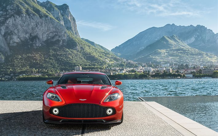 lake, supercars, 2017, Aston Martin Vanquish Zagato, mountain, red Aston Martin