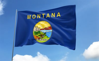 montana flag no flagpole, 4k, estados americanos, céu azul, bandeira de montana, bandeiras onduladas de cetim, montana flag, estados dos eua, massacre com sinalizadores, estados unidos, dia de montana, eua, montana