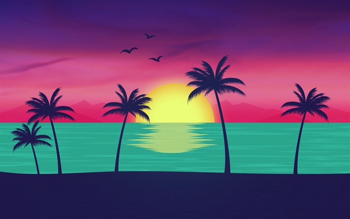 plage abstraite, 4k, créatif, silhouettes de palmiers, paradis, paysages abstraits, lune, mer