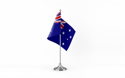 4k, australien bordsflagga, vit bakgrund, australiens flagg, australiens bordsflagga, australien flagga på metallpinne, australiens flagga, nationella symboler, australien