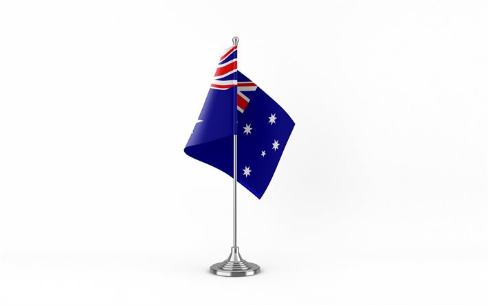 4k, علم جدول أستراليا, خلفية بيضاء, علم أستراليا, علم أستراليا على عصا معدنية, رموز وطنية, أستراليا