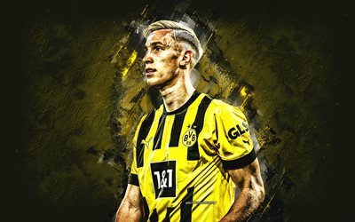 Nico Schlotterbeck, Borussia Dortmund, BVB, german football player, yellow stone background, football, Bundesliga, Germany