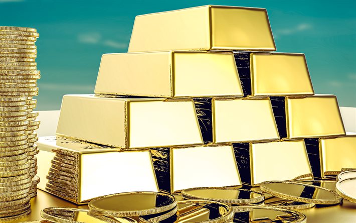 barras de ouro, 4k, montanha de ouro, moedas de ouro 3d, reservas de ouro, negócios, dinheiro, finança, fundo de ouro