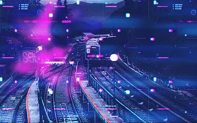 linee ferroviarie, 4k, treno, cyberpunk, creativo, treni, metro, ferrovia, treno elettrico suburbano