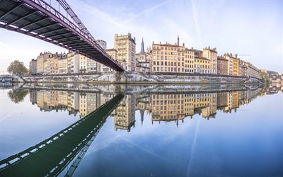 pont la feuille, 리옹, 아침, 해돋이, 소나, 강, lyon cityscape, 다리, 프랑스