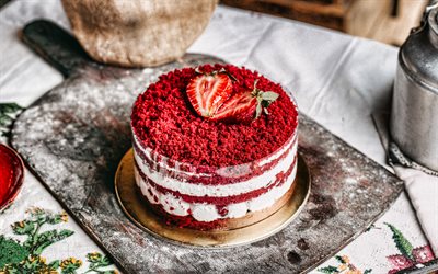 4k, 딸기 디저트, 케이크, 빨간 케이크, 딸기, 베리 케이크, 딸기 케이크