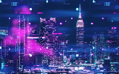 4k, Empire State Building, New York, NYC, Cyberpunk, nightscapes, skyscrapers, cityscapes, american cities, USA, America, modern buildings, abstract cityscapes, New York Cyberpunk, New York cityscape