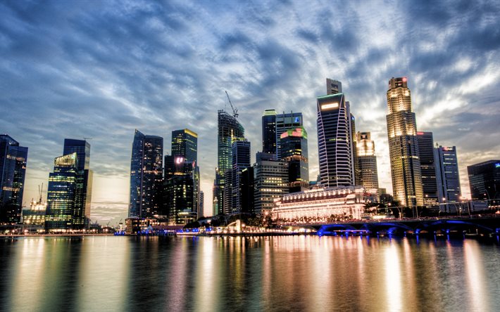 シンガポール, 高層ビル群, 雲, 川, 水反射, アジア