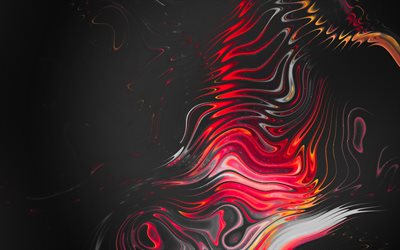 punaiset abstraktit aallot, 4k, minimalismi, musta metalli taustat, abstraktit aallot kuviot, tausta aallot, abstraktit aallot