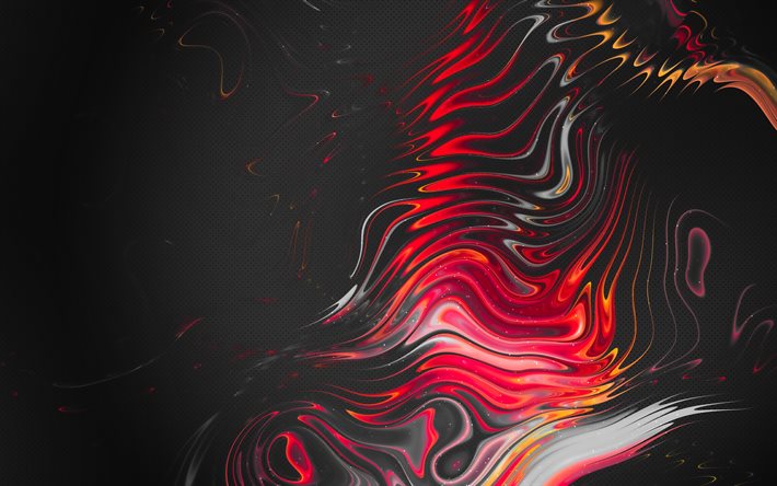 punaiset abstraktit aallot, 4k, minimalismi, musta metalli taustat, abstraktit aallot kuviot, tausta aallot, abstraktit aallot