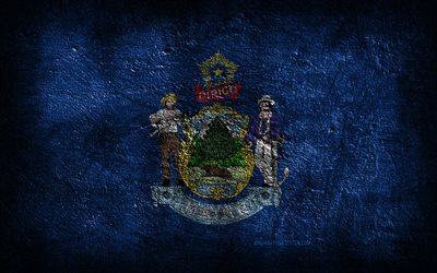 4k, Maine State flag, stone texture, Flag of Maine State, Maine flag, Day of Maine, grunge art, Maine, American national symbols, Maine State, American states, USA
