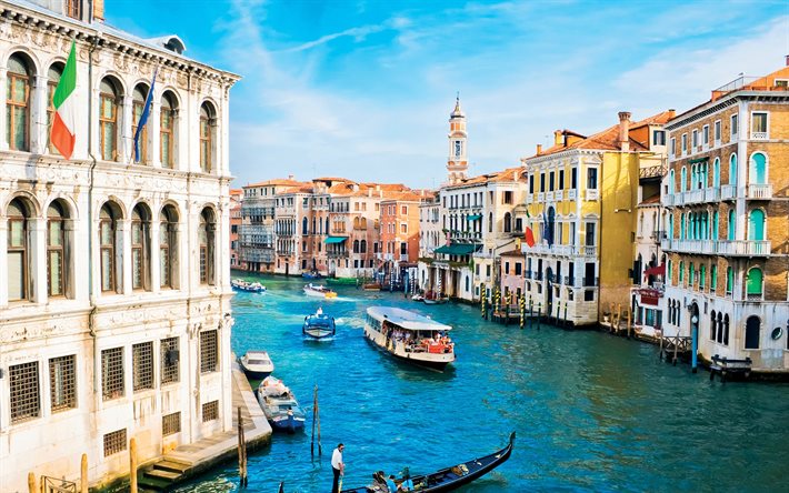 canal grande, 4k, estate, città italiane, gondole, monumenti di venezia, italia, europa, venezia, monumenti italiani