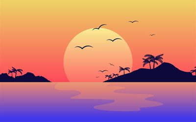 4k, abstract landscapes, skyline, silhouettes of islands, sea, sun, creative, horizon, islands silhouettes, abstract nature