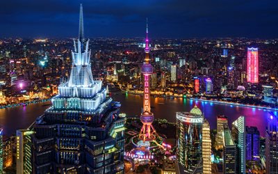 shanghai, 4k, edifici moderni, skyline urbani, сhina, grattacieli, città cinesi, shanghai di notte, immagini con shanghai, asia, paesaggi notturni