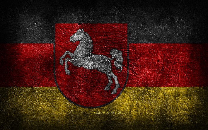 4k, ニーダーザクセン州の旗, 石の質感, ニーダーザクセンの日, グランジアート, ニーダーザクセン, ドイツの国家のシンボル, ニーダーザクセン州, ドイツの州, ドイツ