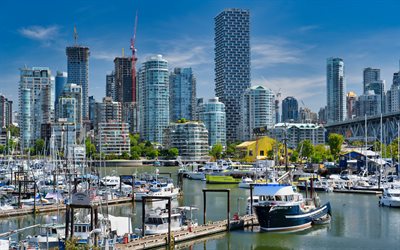 밴쿠버, 여름, 만, 요트, 밴쿠버 하우스, 고층 빌딩, 현대 건물, 밴쿠버 도시 풍경, 브리티시 컬럼비아, 캐나다