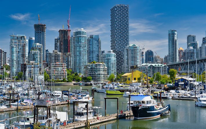 밴쿠버, 여름, 만, 요트, 밴쿠버 하우스, 고층 빌딩, 현대 건물, 밴쿠버 도시 풍경, 브리티시 컬럼비아, 캐나다