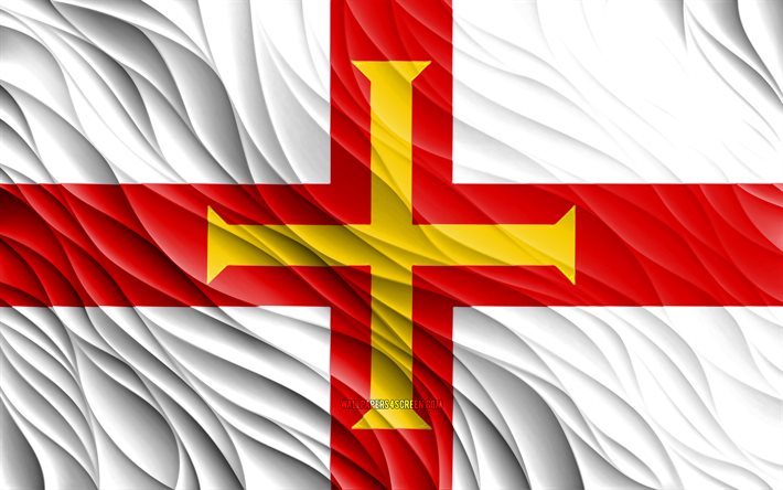 4k, ガーンジーの旗, 波状の3dフラグ, ヨーロッパ諸国, チャネル諸島, ガーンジーの日, 3d波, ヨーロッパ, ガーンジーの国家シンボル, ガーンジー