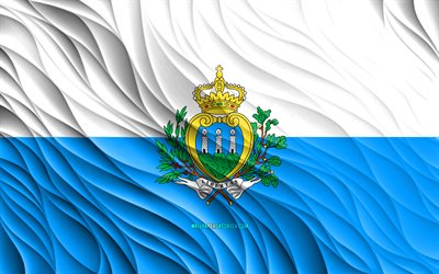 4k, サンマリノの国旗, 波状の3dフラグ, ヨーロッパ諸国, サンマリノの日, 3d波, ヨーロッパ, サンマリノの国家のシンボル, サンマリノ