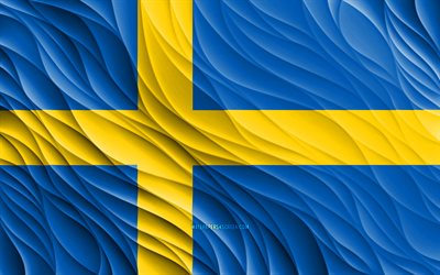 4k, العلم السويدي, أعلام 3d متموجة, الدول الأوروبية, علم السويد, يوم السويد, موجات ثلاثية الأبعاد, أوروبا, الرموز الوطنية السويدية, السويد