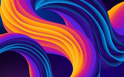 الأمواج ثلاثية الأبعاد الملونة, 4k, مبدع, العمل الفني, منحنيات, خلفيات ملونة, الفن ثلاثي الأبعاد, خلفية مع الأمواج, الموجات ثلاثية الأبعاد
