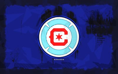 Chicago Fire FC grunge logo, 4k, MLS, blue grunge background, soccer, Chicago Fire FC emblem, football, Chicago Fire FC logo, american soccer club, Chicago Fire FC