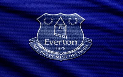 एवर्टन फैब्रिक लोगो, 4k, नीले कपड़े की पृष्ठभूमि, प्रीमियर लीग, bokeh, फ़ुटबॉल, एवर्टन लोगो, एवर्टन प्रतीक, अंग्रेजी फुटबॉल क्लब, एवर्टन एफसी