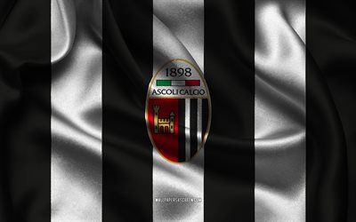 4k, Ascoli Calcio 1898 FC logo, black white silk fabric, Italian football team, Ascoli Calcio 1898 FC emblem, Serie B, Ascoli Calcio 1898 FC, Italy, football, Ascoli Calcio 1898 FC flag, soccer