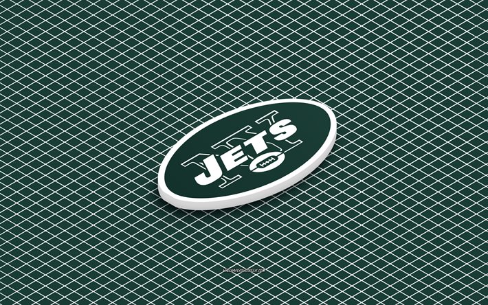 4k, logo isometrico di new york jets, 3d art, american football club, arte isometrica, jets di new york, sfondo verde, nfl, stati uniti d'america, football americano, emblema isometrico, logo di new york jets
